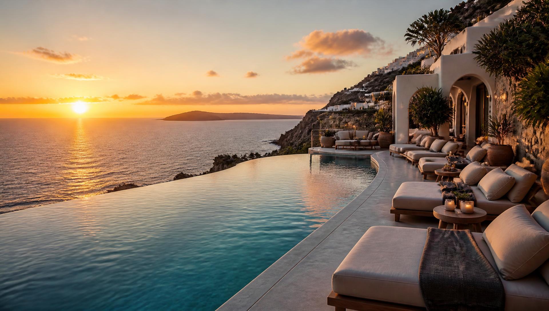 A luxury waterfront resort at golden hour